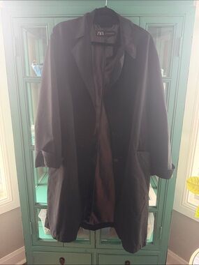 ZARA Black Button Long Duster Coat Trench EUC